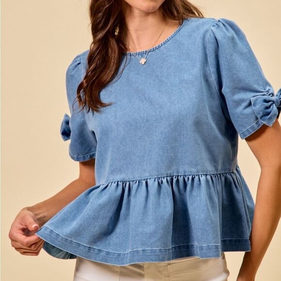 SO ME Denim Bow Cuff Short Puff Sleeves Denim Peplum Top sz Small - Picture 10 of 11
